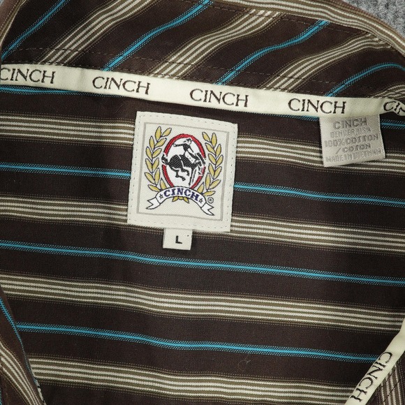 Cinch Shirt Mens Large Brown Blue Striped Western Button Front Cotton Casual - Picture 4 of 8